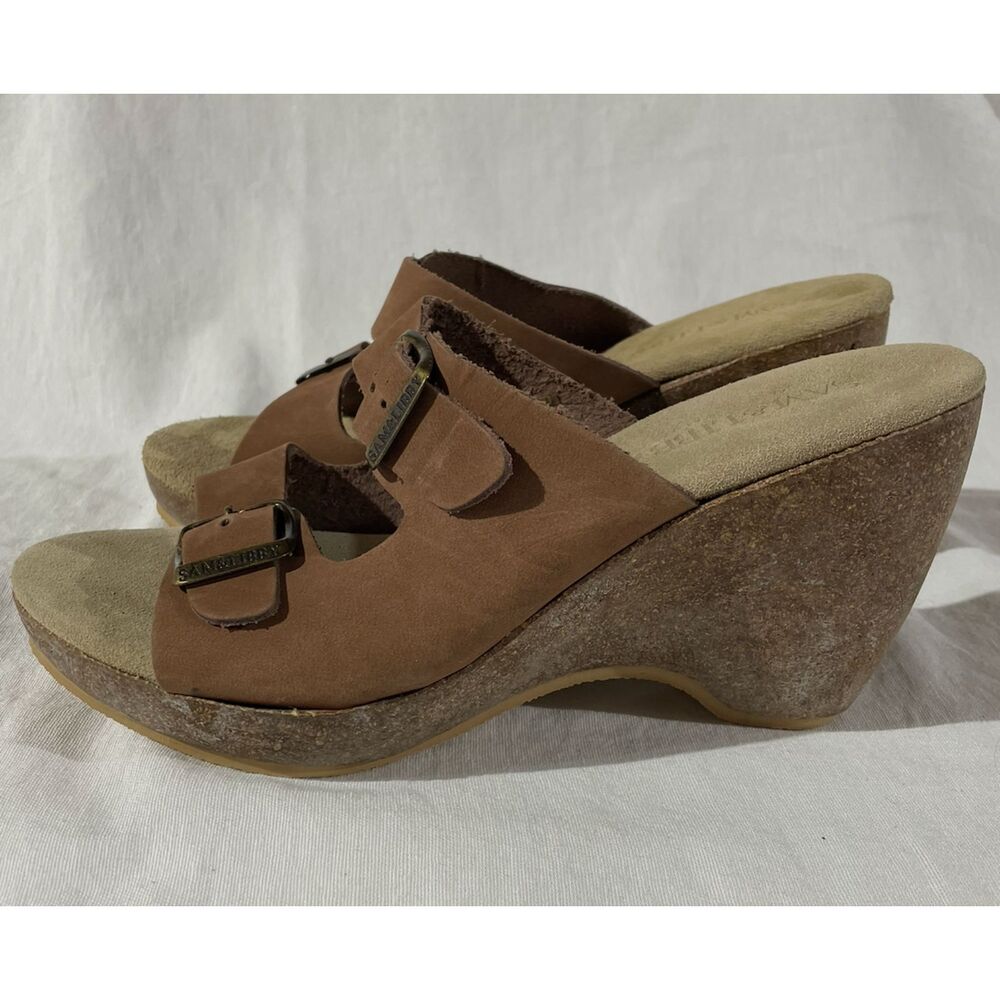 Vintage Sam & Libby Leather Buckle Slide Sandals 7 Tan 90s Made in Italy Clog